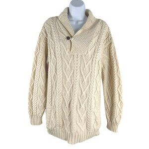 Aran Crafts Shawl Collar Fisherman Sweater Large Merino Wool Cable Knit FS-1407